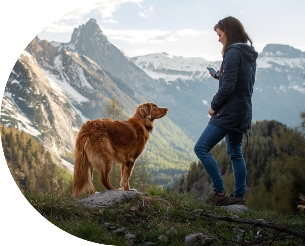 Dog and person in mountains